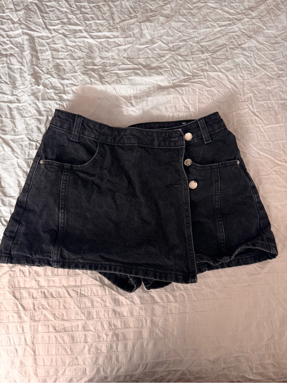 Zara Black Denim Wrap Skort with Silver Buttons
